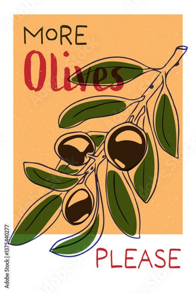Obraz Branch of olives vintage poster design. More olives please art risography style