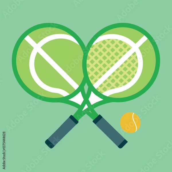 Fototapeta Two tennis balls rest on a racket.