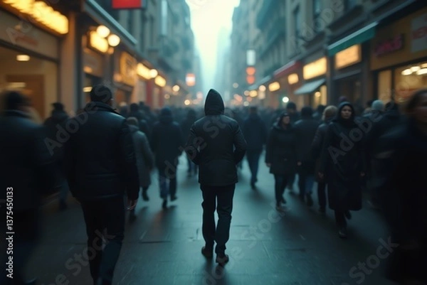 Fototapeta A lone figure stands still in the middle of a bustling city street, blurred crowds rushing past them