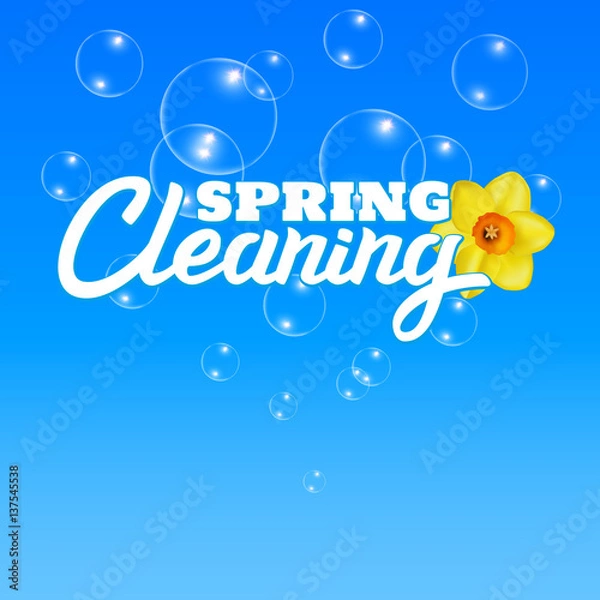 Obraz Spring Cleaning Lettering with soap bubbles Background, Daffodil, Housework, Spring Season