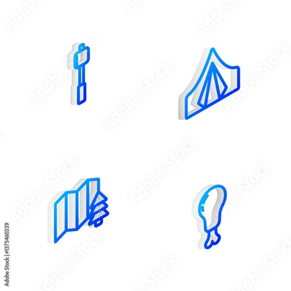 Fototapeta Set Isometric line Tourist tent, Marshmallow on stick, Location of the forest and Chicken leg icon. Vector