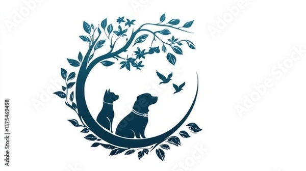 Fototapeta Pet silhouette under a tree, with dog and cat, in nature, with birds flying in the background