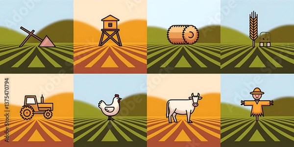 Obraz Farm scene icons stylized flat design