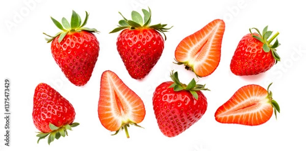 Fototapeta Strawberries in different forms isolated on white, featuring fresh red fruits, including whole strawberries, halved berries, and green leaf