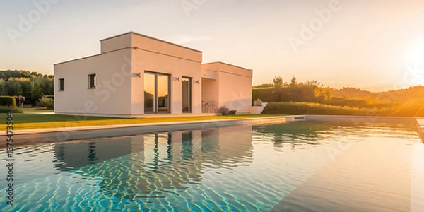 Obraz Tranquil house by a pool at sunset.