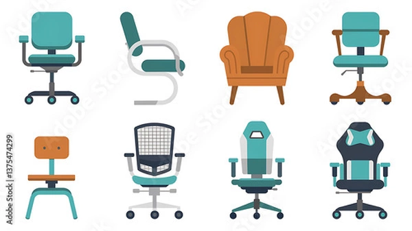 Obraz Various office and gaming chairs in a flat design style