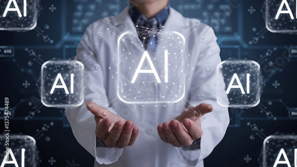 Obraz Person in lab coat holds AI symbols.
