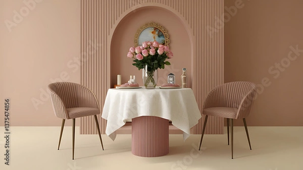 Obraz Elegant romantic dining setting Soft pinks and beige Modern stylish chairs and table