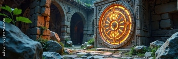 Fototapeta Ancient ruin with silver patina, glowing runes and symbols, mysticism, gradient effect