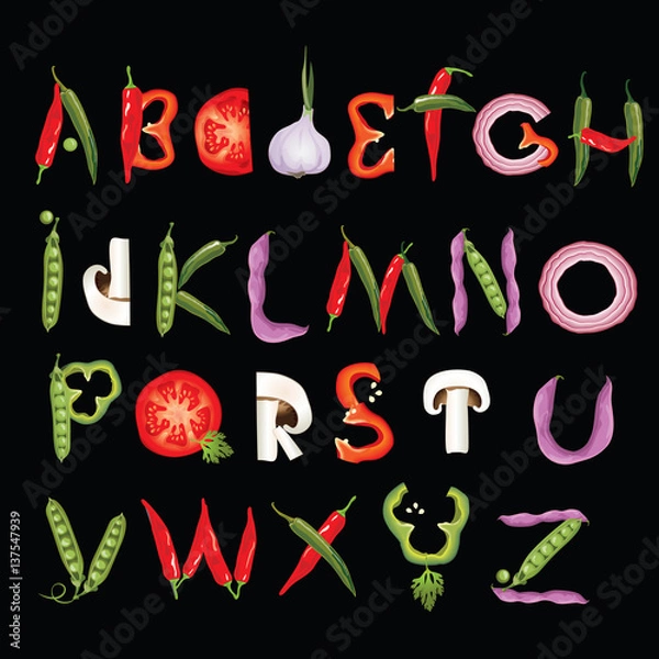 Obraz Food alphabet made of vegetables. Eco Font. Healthy letter.
