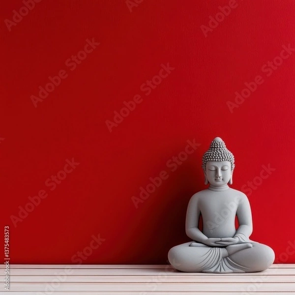 Fototapeta A serene gray Buddha statue sits peacefully against a vibrant red wall creating a minimalist and contemplative atmosphere perfect for meditation or spiritual imagery.