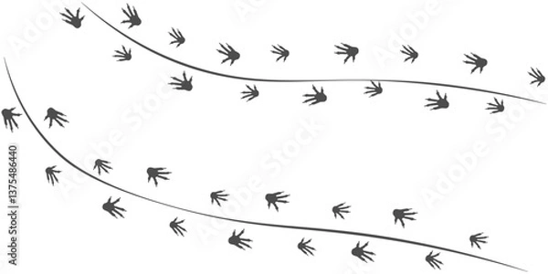 Fototapeta Footprints of iguana, Traces of a Reptilia on white background. Iguana or lizard silhouette animal tracks. Paw and tail Print. Vector illustration. EPS10.