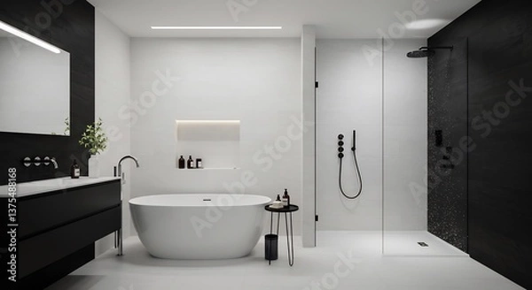 Fototapeta スタイリッシュなモノクロ空間 清潔感漂うモダンバスルーム