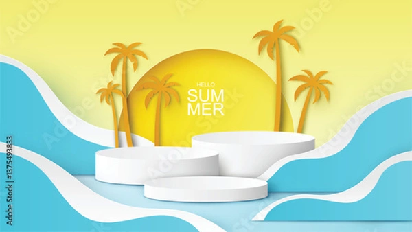Obraz Circle template for Summer with sea wave, coconut tree, sun and Hello Summer text. Summer mockup scene. paper cut and craft style. vector, illustration.