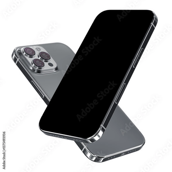 Fototapeta Two smartphones mockup with black screen and camera module. The blank display area for app screenshots and website advertisement. 3d render