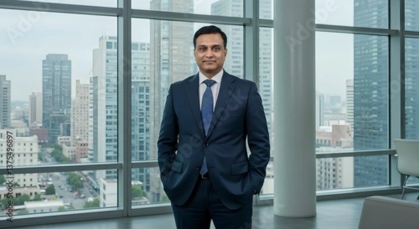 Obraz Confident Businessman in Suit with Cityscape Background