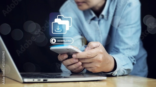 Fototapeta Businessman use smartphone to download organizational information or documents. cloud storage technology, backup cyber security system.
