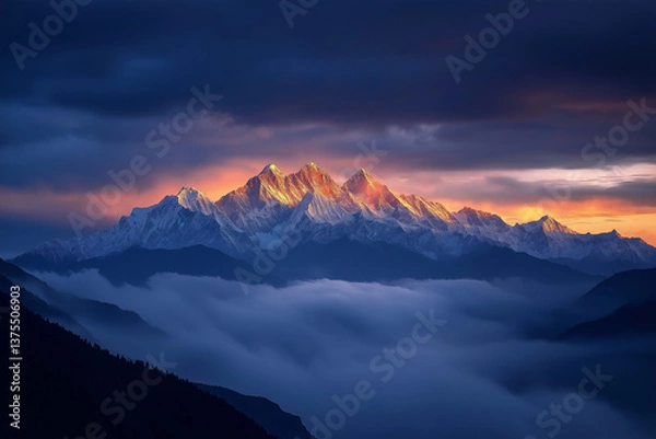 Fototapeta View of the Himalayas during a foggy sunset night - Mt Everest visible through the fog with dramatic and beautiful lighting