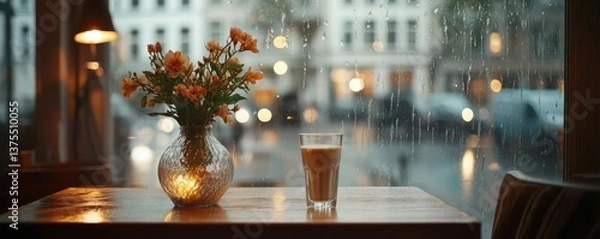 Fototapeta Subdued lighting in a coffee shop with a rainy window flat design side view urban evening animation colored pastel