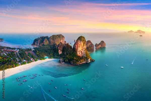 Obraz Aerial shots of Railey Beach at sunset, Krabi, Thailand.