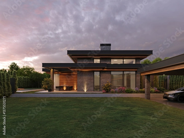 Fototapeta Modern house with flat roof and panoramic windows. Exterior. Evening illumination of the facade. House with swimming pool and large terrace. Modern architecture