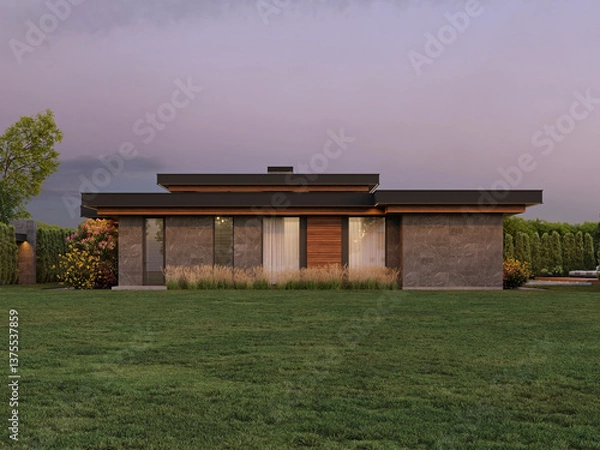 Fototapeta Modern house with flat roof and panoramic windows. Exterior. Evening illumination of the facade. House with swimming pool and large terrace. Modern architecture