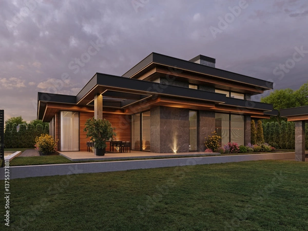 Fototapeta Modern house with flat roof and panoramic windows. Exterior. Evening illumination of the facade. House with swimming pool and large terrace. Modern architecture