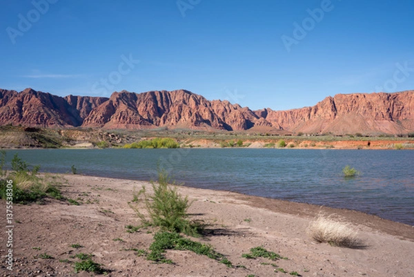Obraz View of lake and red rocks at Fire Lake Park At Ivins Reservoir, Utah, USA.
