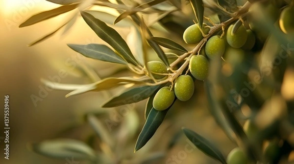 Fototapeta Closeup of lush green olives growing in clusters on the branch of an olive tree with a warm golden hued natural background