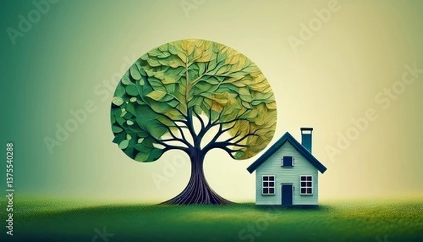 Fototapeta sustainability, abstract illustration of a house next to a tree