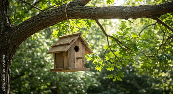 Fototapeta Rustic birdhouse made from reclaimed wood hanging on a tree branch in a natural setting