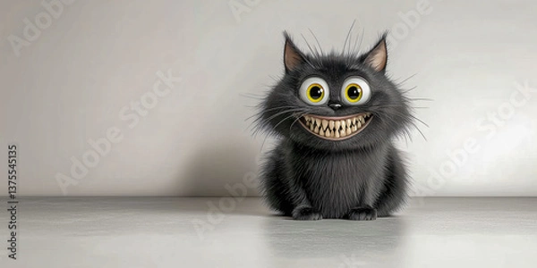 Fototapeta A Grinning Black Cat: A fluffy black cat, with a wide, unsettling grin and piercing yellow eyes, stares directly at the viewer with an unsettling blend of mischief and dark humor.