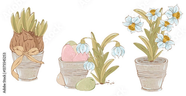 Obraz Set of Easter decor elements in pastel colors, isolated. Easter eggs and spring flowers in a pot. Design elements for stickers, postcards, patterns.