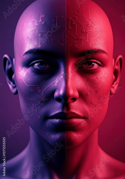 Fototapeta Cybernetic woman with glowing skin in neon light, futuristic and creative portrait for AI, digital identity, metaverse and science fiction themed commercial use