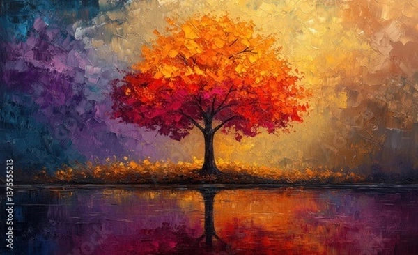 Fototapeta Vibrant Abstract Expressionist Tree in Colourful Meadow with Reflection Oil Painting