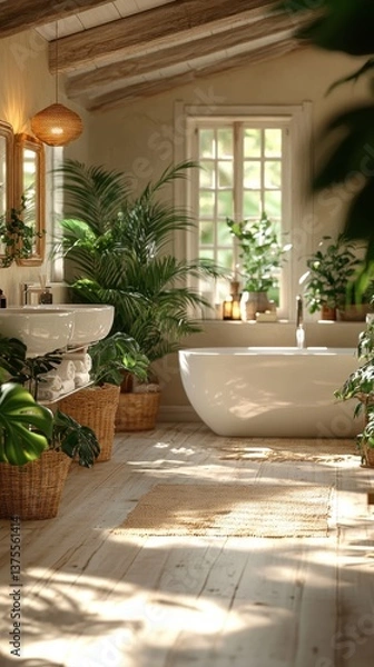 Fototapeta Tranquil Bathroom Oasis: A serene and inviting bathroom bathed in natural light, featuring lush greenery, a freestanding bathtub, and natural textures.