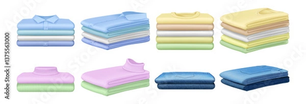Fototapeta Pile clothes set. Vector realistic fashioned stacked laundry. Isolated pants and shirts, tshirts and sweaters. Stacks of clean textile. Folded casual fabric for retail store. Shopping for garment