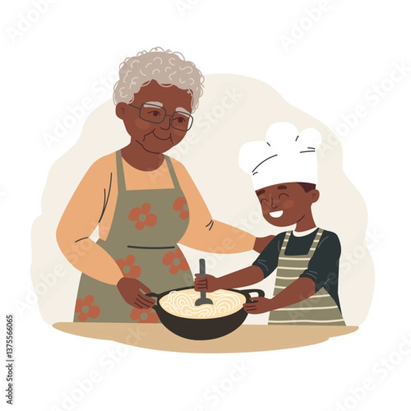 Obraz Flat vector illustration depicting a dark-skinned grandmother lovingly teaching her grandson how to cook in the kitchen