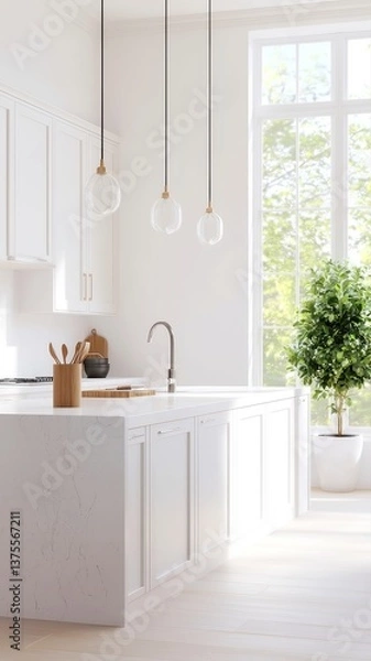 Fototapeta Contractor's Vision, A split scene showcasing a contractor examining blueprints with a sketched kitchen on one side and a fully detailed vibrant kitchen on the other, warm background lighting