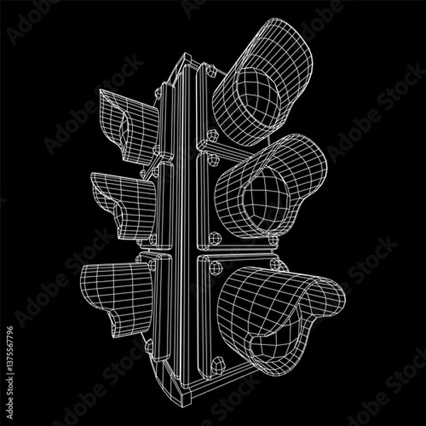 Fototapeta Traffic light with three lights. Wireframe low poly mesh vector illustration.