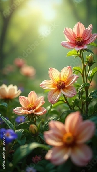 Fototapeta Sunlit pink and yellow dahlias in a lush garden setting.