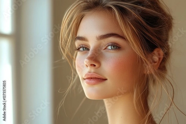 Fototapeta Mature Woman with Smooth Skin and Natural Makeup Applying Cream Under Eyes in Pastel Portrait