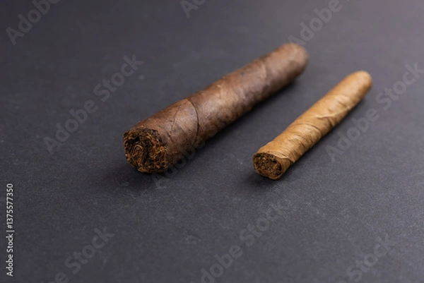Fototapeta Pair of handmade cigars tobacco torpedo shape on dark