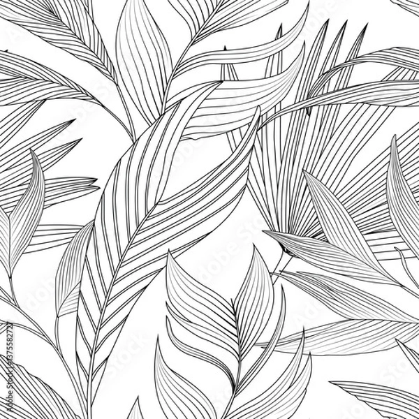 Fototapeta Black and white jungl seamless pattern with palm leaves.