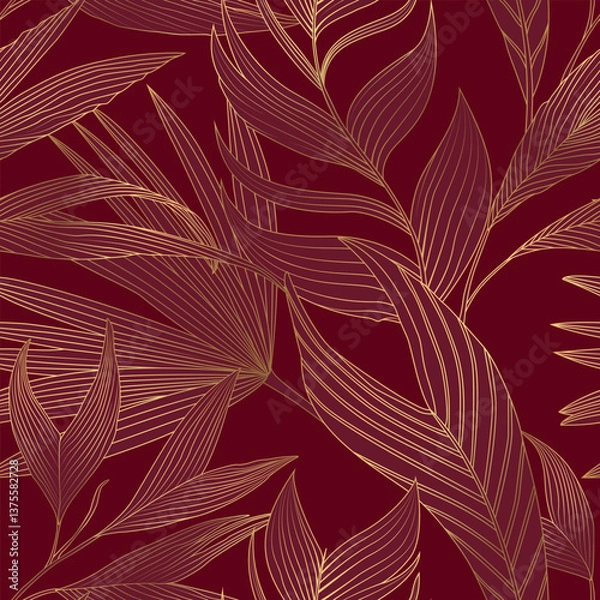 Obraz Gold line art background. Palm leaves shiny romantic seamless pattern.