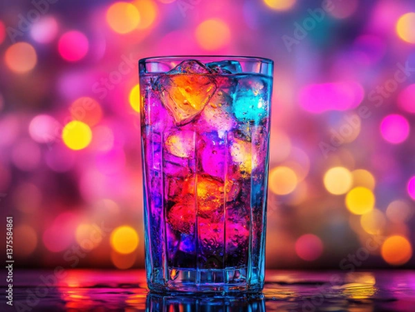 Fototapeta Brightly colored drink with ice in vibrant light setting