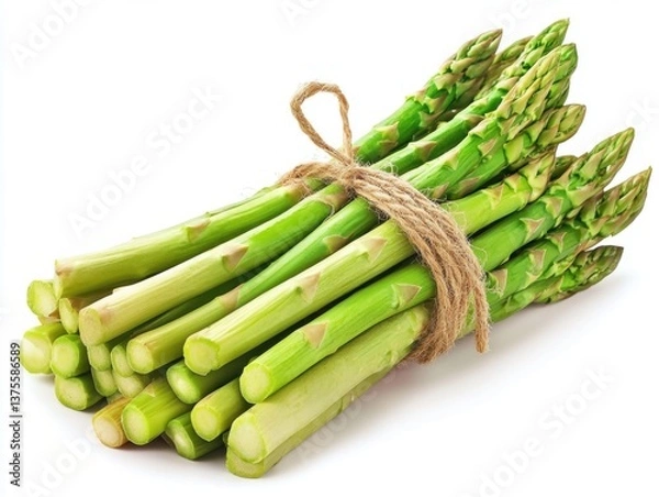 Fototapeta Fresh green asparagus tied with twine on a white background