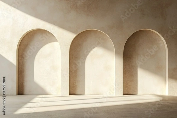 Fototapeta Minimalist three arched wall casting shadows in daylight