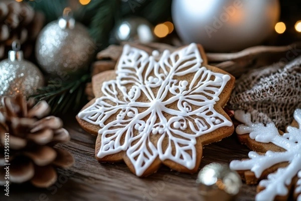 Obraz A beautiful gingerbread snowflake cookie, intricately decorated with icing, perfect for holiday decor
