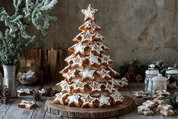 Obraz A beautifully crafted gingerbread cookie tree, meticulously decorated to perfection for the joyful holidays
